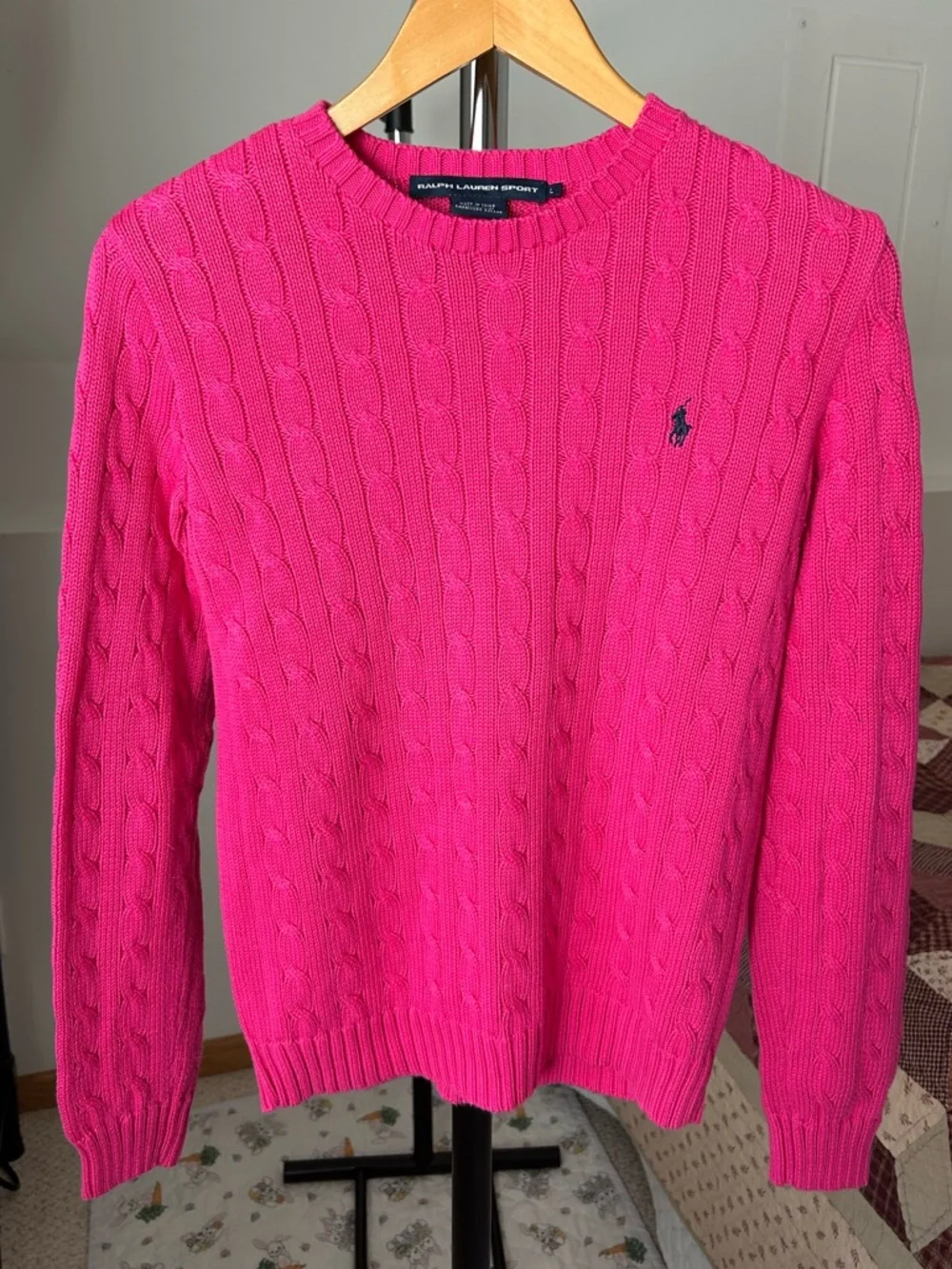 Vintage Ralph Lauren Cable Knit Crew Neck Fisherman Sweater Pink Cotton Large